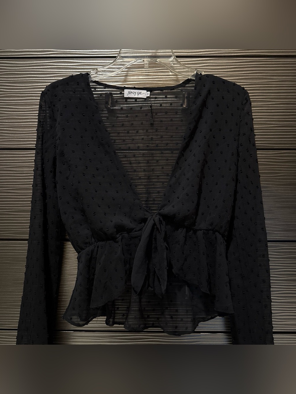 Nasty Gal Black Sheer Tie-Front Peplum Top